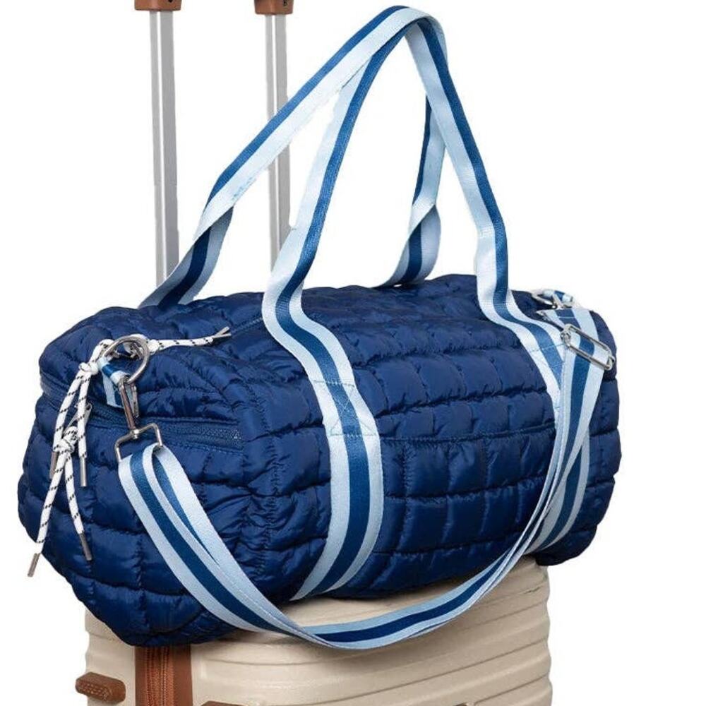 Navy Striped Quilted Weekender Bag Women's Travel Duffel